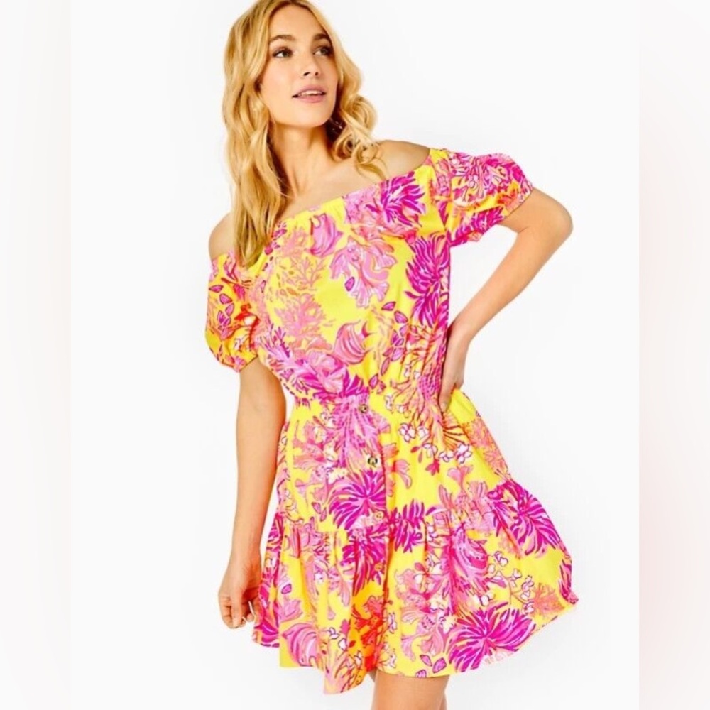 Lilly Pulitzer Jesiba Off-The-Shoulder Romper Dress Calla Yellow NWT Size M